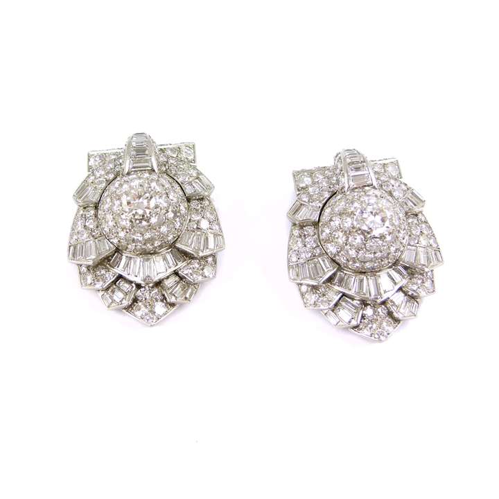 Pair of domed diamond cluster clips brooches, French,